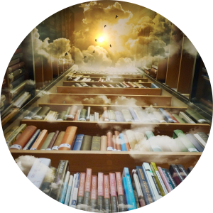 Représentation de la bibliothèque ésotérique, Annale akashique. Étagères immenses remplies de livres anciens.