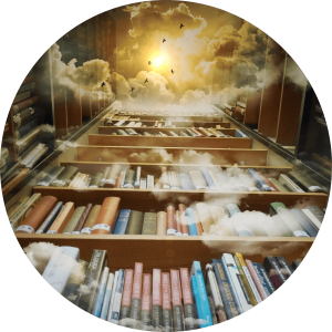 Représentation de la bibliothèque ésotérique, Annale akashique. Étagères immenses remplies de livres anciens.
